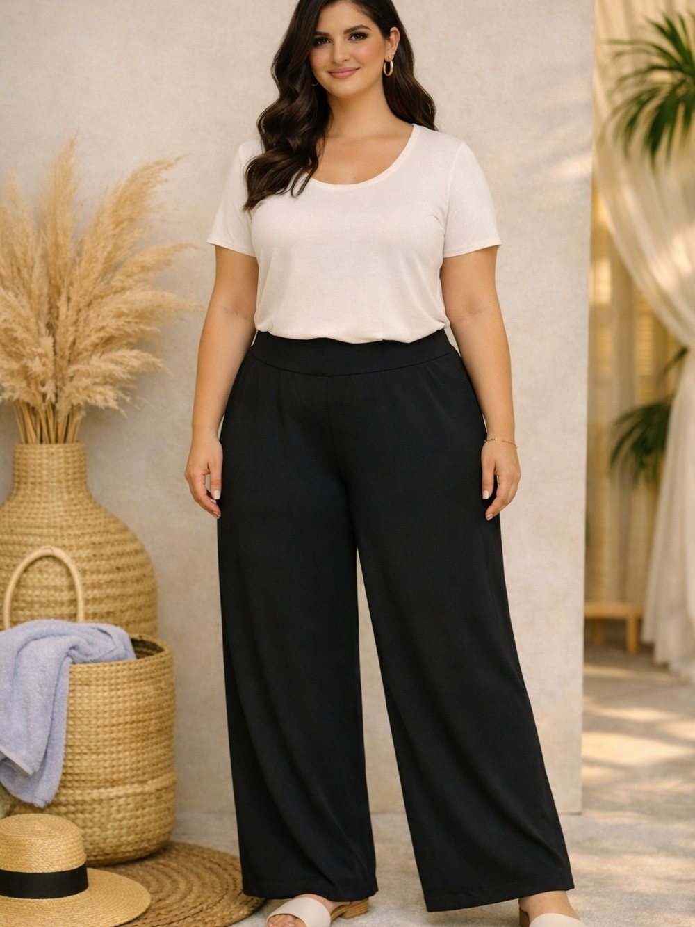 Wide Leg Pull-On Pants in Black